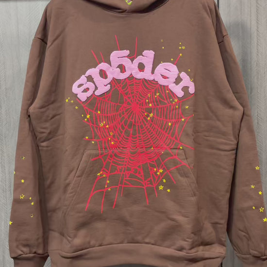 Sp5der Web Hoodie Brown front view with raised pink logo, red spider web and yellow stars